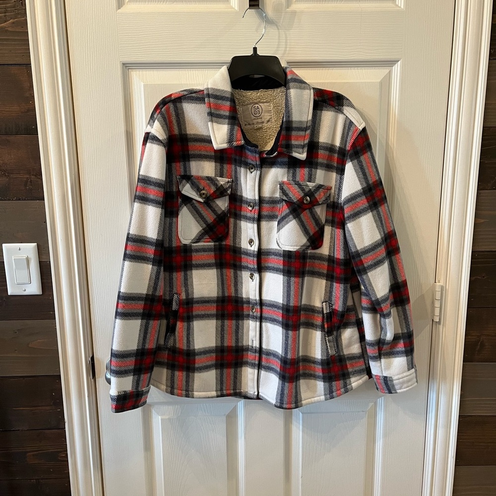 SAGE Collective Women’s Plaid Shacket Jacket - Red, Black, Grey White Size XL